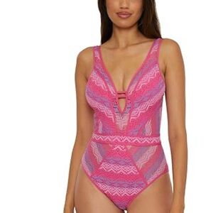 BECCA Pink and Purple Crochet One-Piece Swimsuit Size Medium NWT